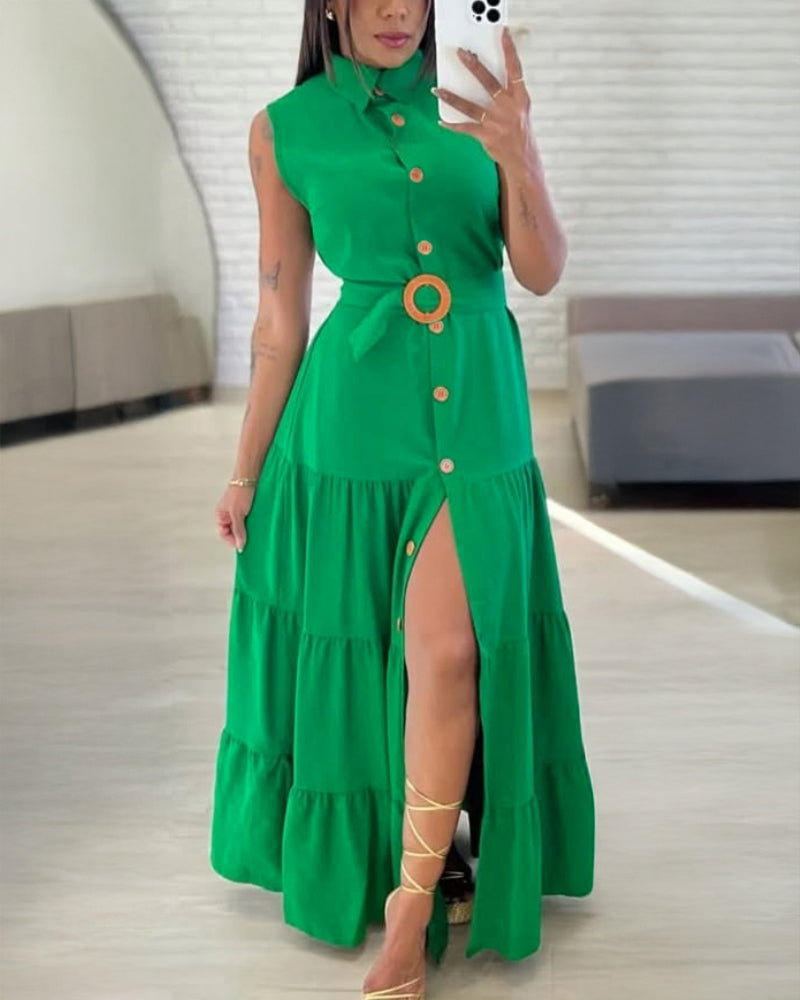 Turn-down Collar Sleeveless Button Front Dress Casual Belted Slit Ruched Maxi Dress