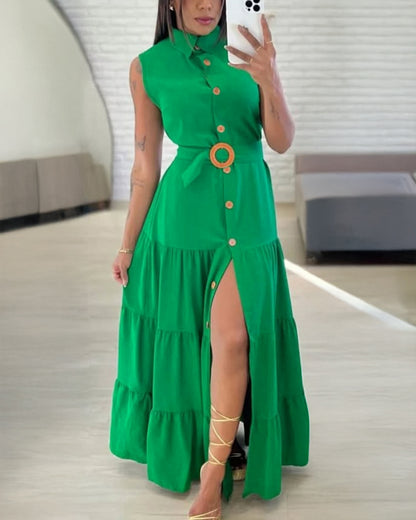 Turn-down Collar Sleeveless Button Front Dress Casual Belted Slit Ruched Maxi Dress
