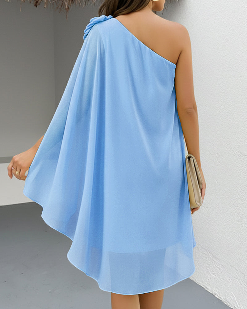 One Shoulder Sleeveless 3D Flower Decor Mini Dress Casual A Line Vacation Dress