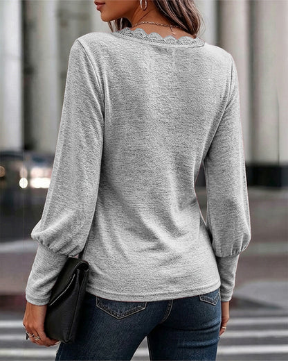 Women's Lace Trim V Neck Top Lantern Sleeve Pullover Top Casual Elegant Tee
