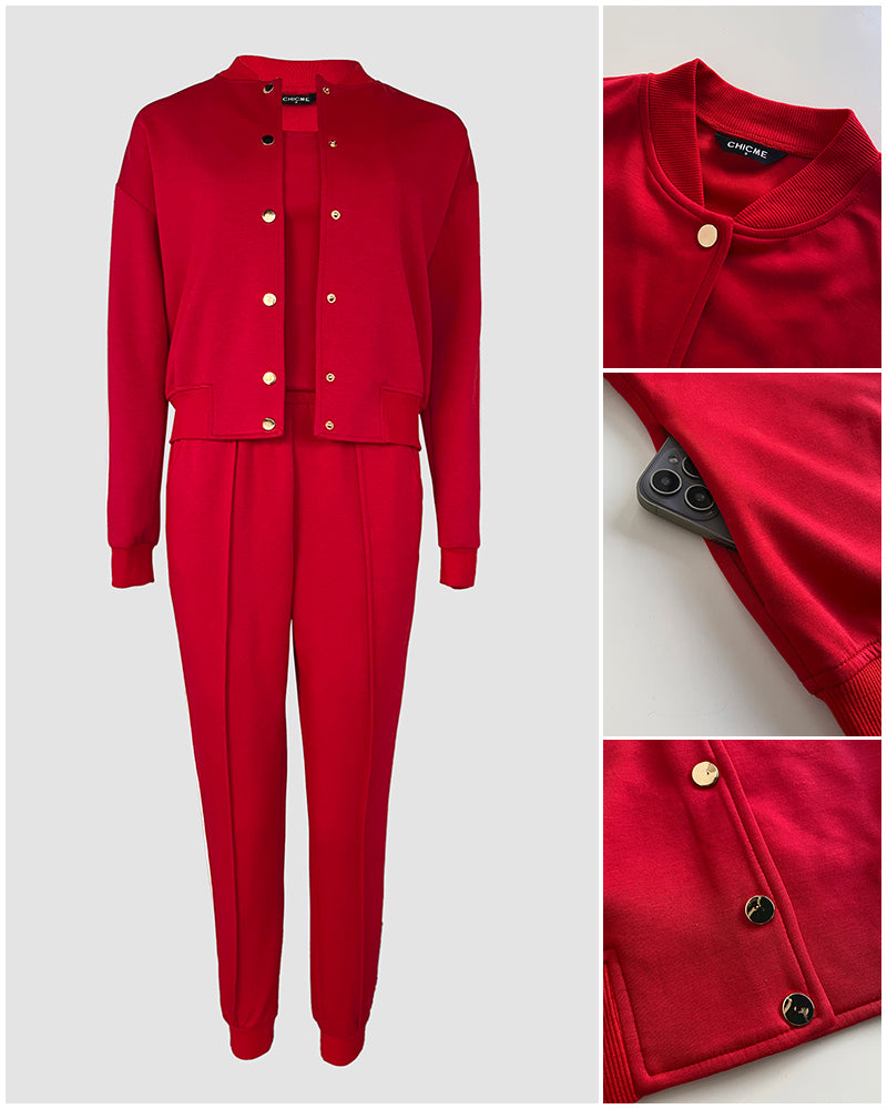 Conjunto de 3 piezas: abrigo con botones a presión delanteros, pantalones elásticos con cintura elástica, costuras delanteras y puños elásticos, y camiseta de tirantes; chándal casual con rayas laterales en contraste