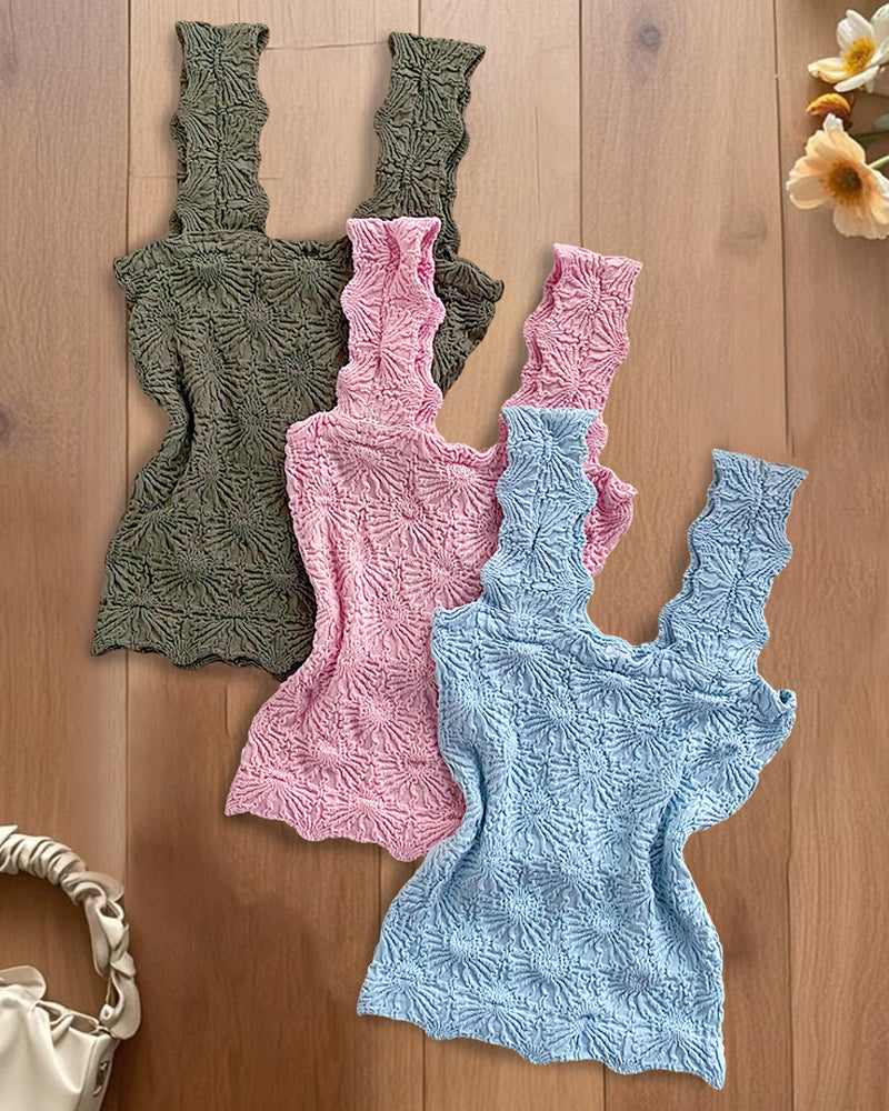 3-Pack Wide Strap Tank Tops Lettuce Trim Cami Tops with Floral Jacquard