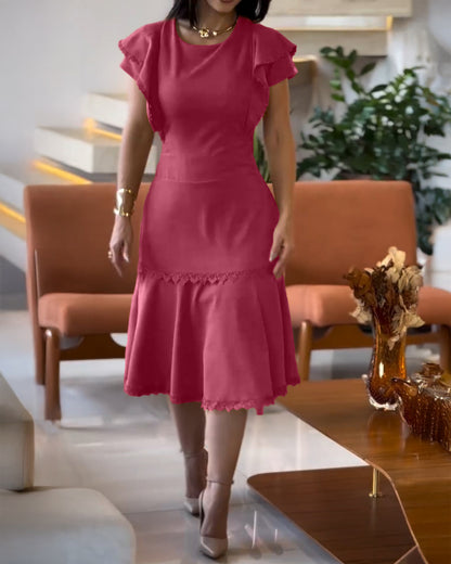 Butterfly Sleeve Hollow-out Back Shirred Work Dress Casual Cinched Waist Lace Trim Ruffle Hem Dress