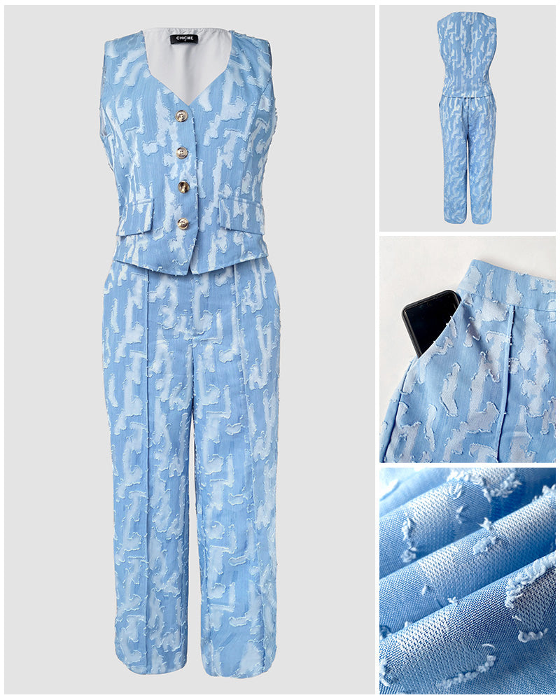 Denim Look Jacquard V-Neck Sleeveless Button Top and Casual Pants Set with Pocket
