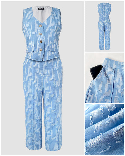 Denim Look Jacquard V-Neck Sleeveless Button Top and Casual Pants Set with Pocket
