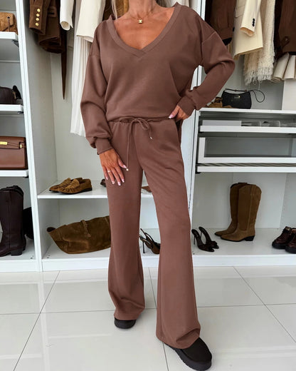 2 Pieces Outfit Plunge V Neck Pullover Sweatshirt and Casual Drawstring Waist Wide Leg Pants Set