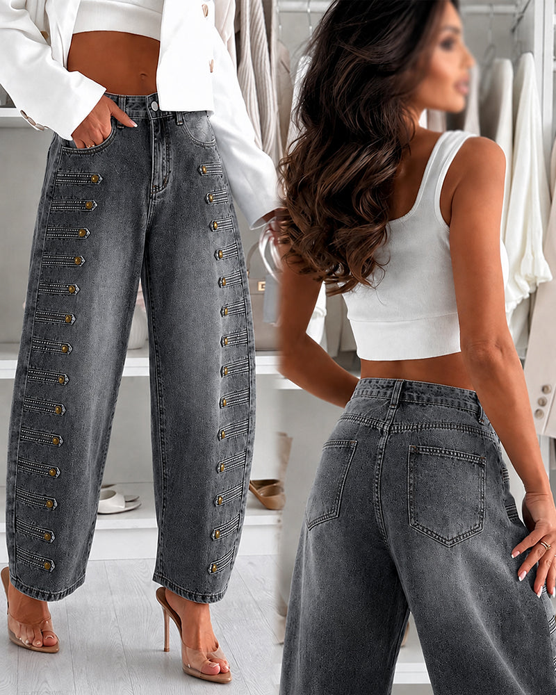 Women's Barrel Jeans High Waisted Side Button Denim Pants Distressed Washed Baggy Trousers Retro Y2K Streetwear