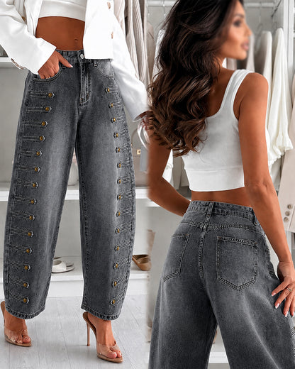 Women's Barrel Jeans High Waisted Side Button Denim Pants Distressed Washed Baggy Trousers Retro Y2K Streetwear