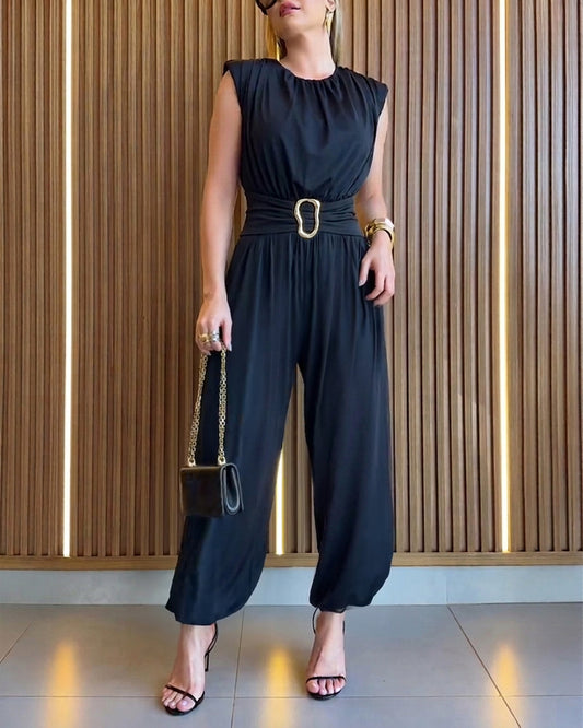 Women's Elegant Sleeveless Jumpsuit Ruched Crew Neck Overalls High Waisted Jogger Jumpsuit with Gold Buckle Belt