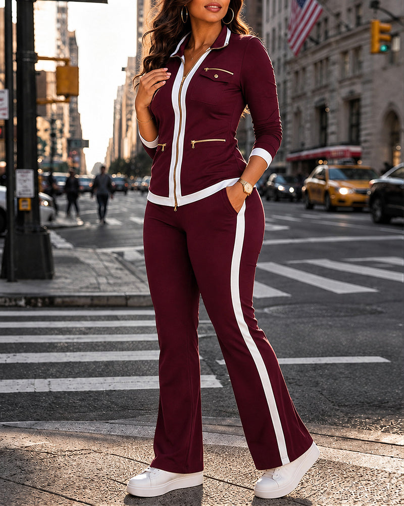 Women's 2 Piece Set Two-Way Zipper Front Stand Collar Top and High Waist Straight Leg Pants Casual Tracksuit
