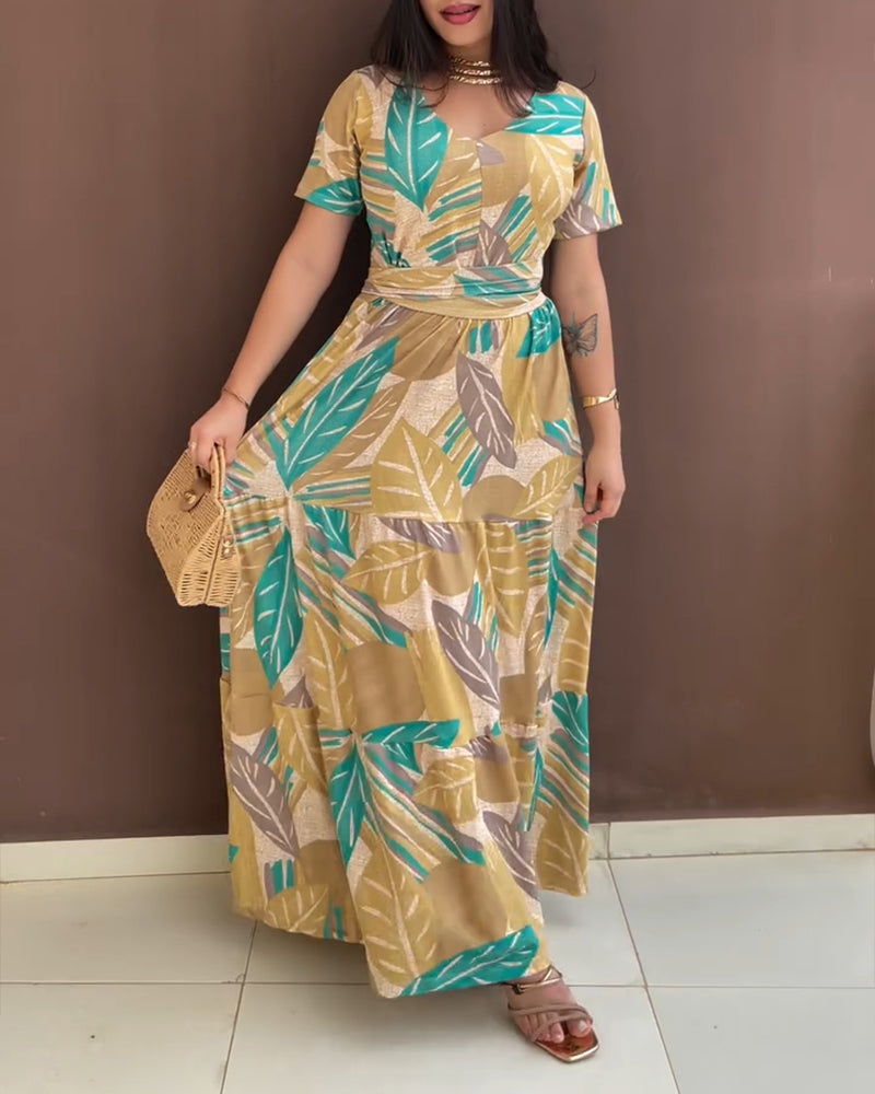 Plants Print Short Sleeve Tied Detail Maxi Dress Casual Waist Flowy A Line Dress