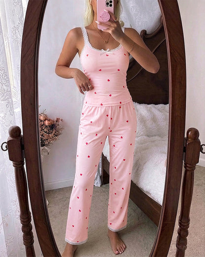 Women's 2 Piece Heart Print Pajama Set Lace Trim U-Neck Cami Top and Pants Sweet Lounge Set with Pockets