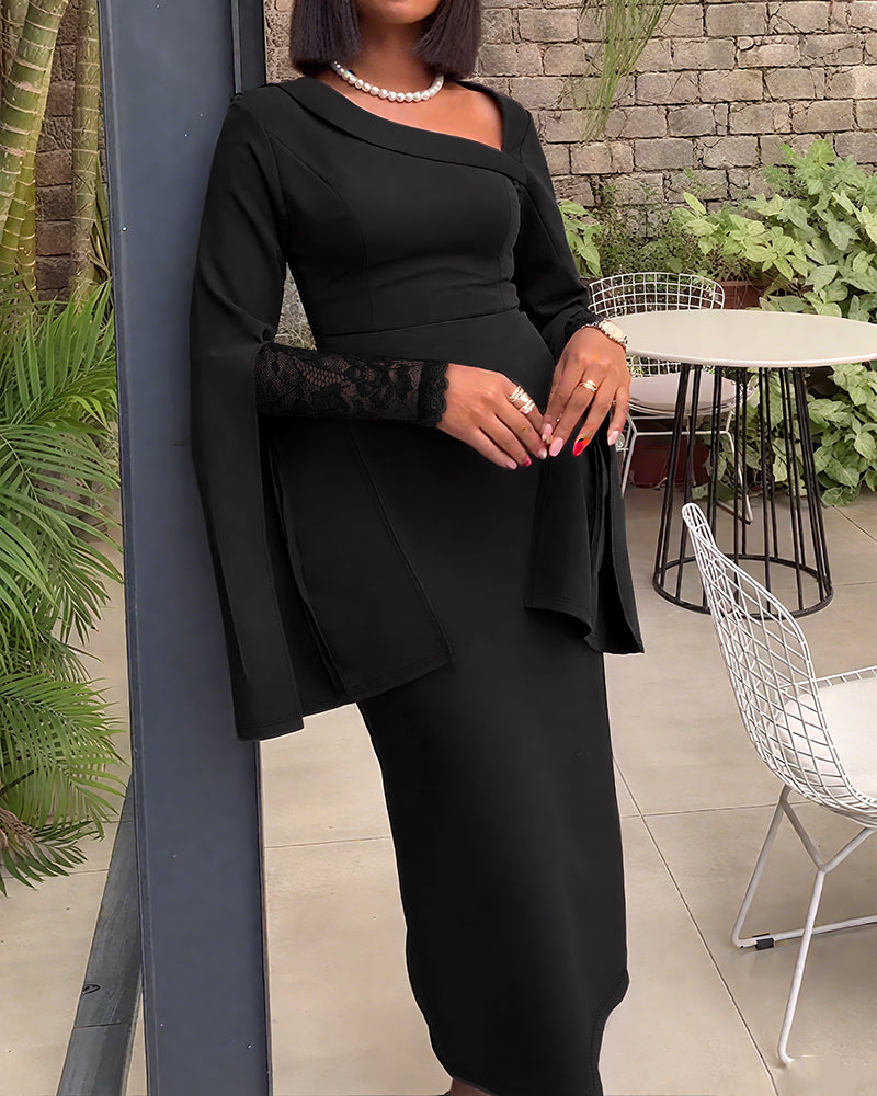 Asymmetrical Foldover Neck Lace Long Sleeve with Split Sleeve Overlay Party Dress Slim Fit Zipper Back Slit Commuting Dress