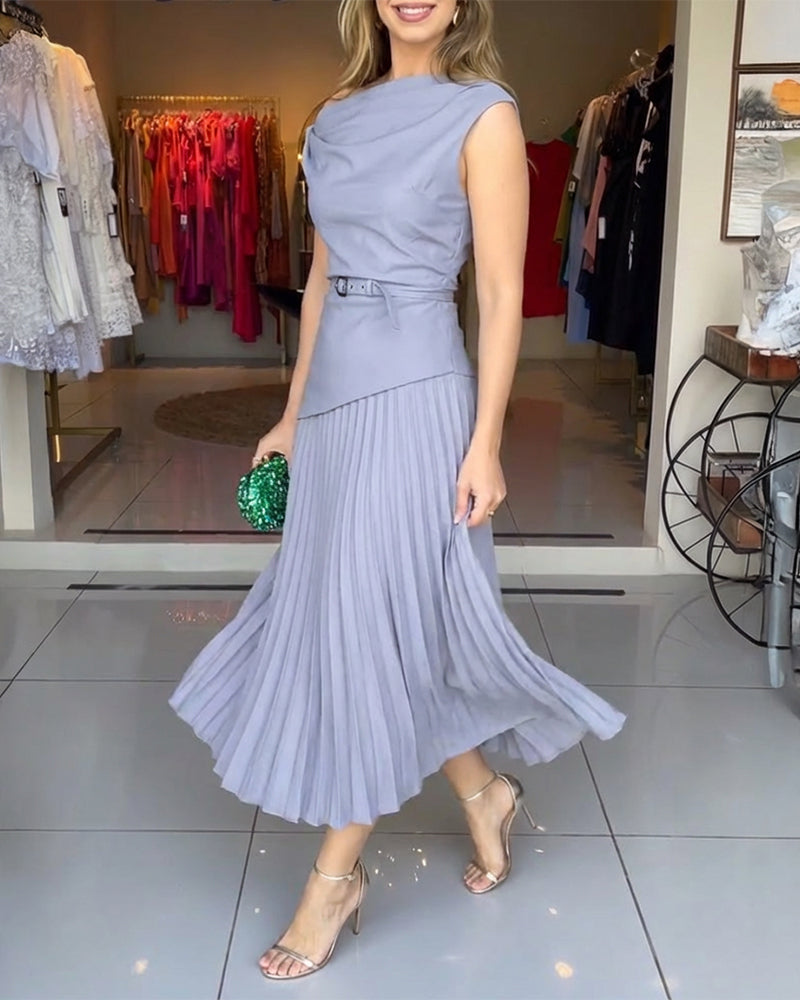 Women's Elegant 2 Piece Outfits Skew Neck Twist Top and Pleated Midi Skirt Set with Belt Evening Party Suit