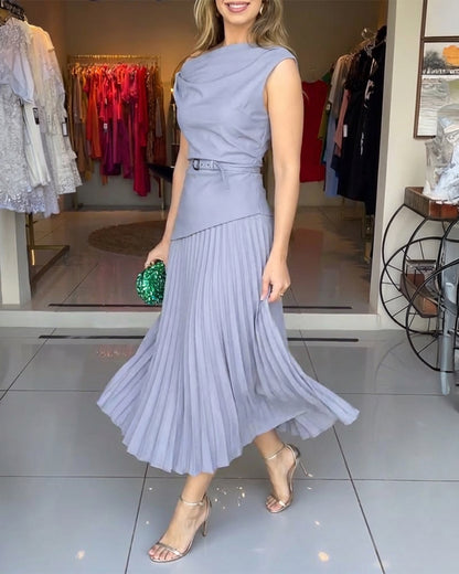 Women's Elegant 2 Piece Outfits Skew Neck Twist Top and Pleated Midi Skirt Set with Belt Evening Party Suit