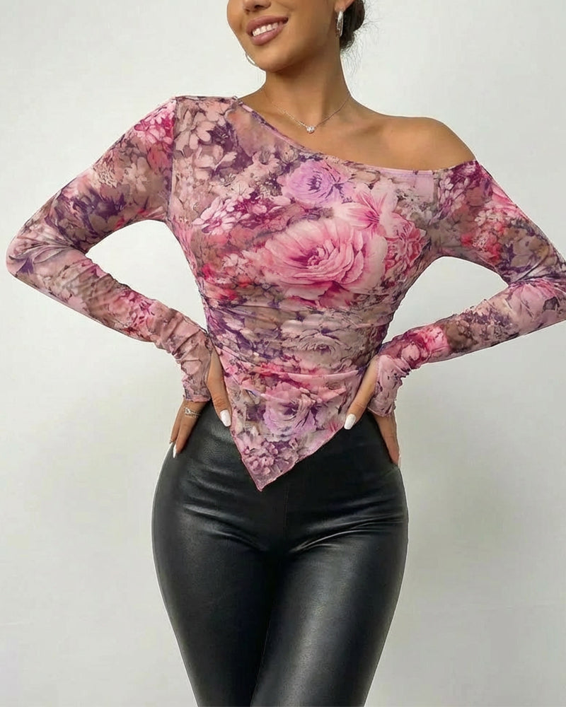 Floral Print Skew Neck Long Sleeve Asymmetrical Hem Tee Slim Fit Side Ruched Sheer Mesh Top with Thumb Hole Cuffs & Lining