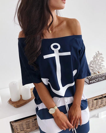 2 Pieces Outfit Anchor Print Skew Neck Top and Casual Striped Drawstring Elastic Waist Skirt Set