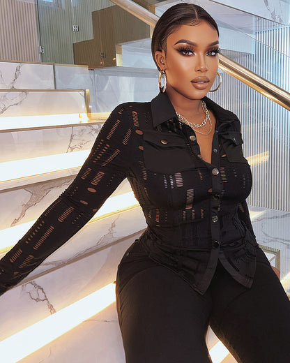 Turn-down Collar Hollow Out Button Down Shirt Top