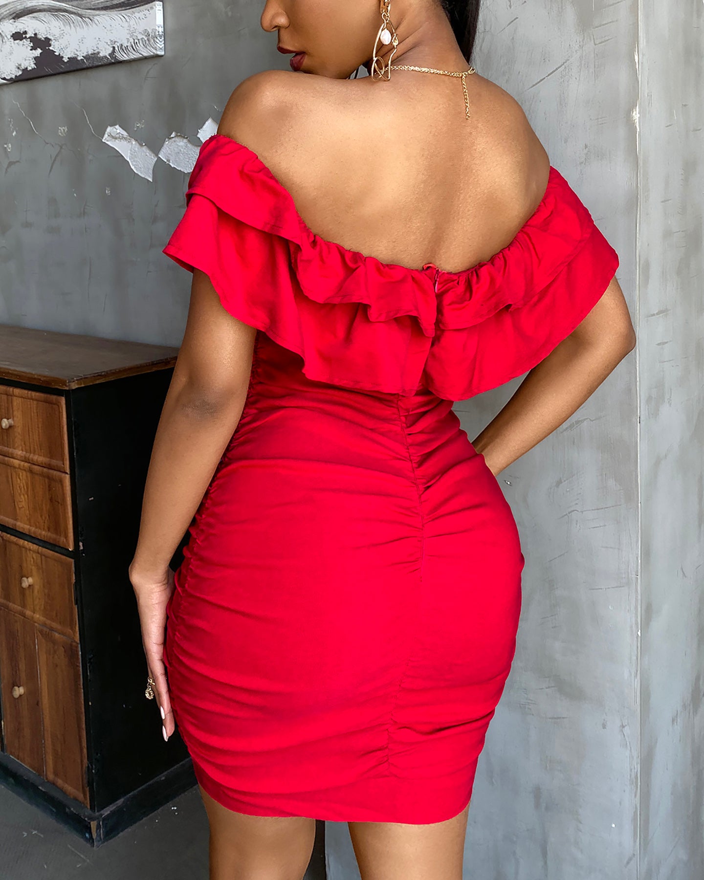 Off Shoulder Ruched Ruffles Bodycon Dress