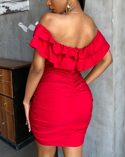Off Shoulder Ruched Ruffles Bodycon Dress