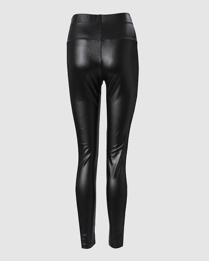 Rhinestone Contrast Mesh High Waist Skinny Pants Sexy Slim Fit Pu Leather Pants
