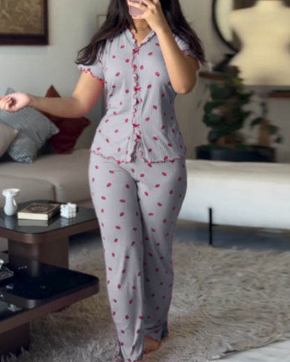 2 Pieces Outfit Strawberry Print Stand Collar Short Sleeve T-shirt and Pants Pajamas Set