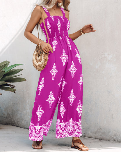 Graphic Print Square Neck Thick Strap Shirred Jumpsuit Wide Leg Overalls with Pockets