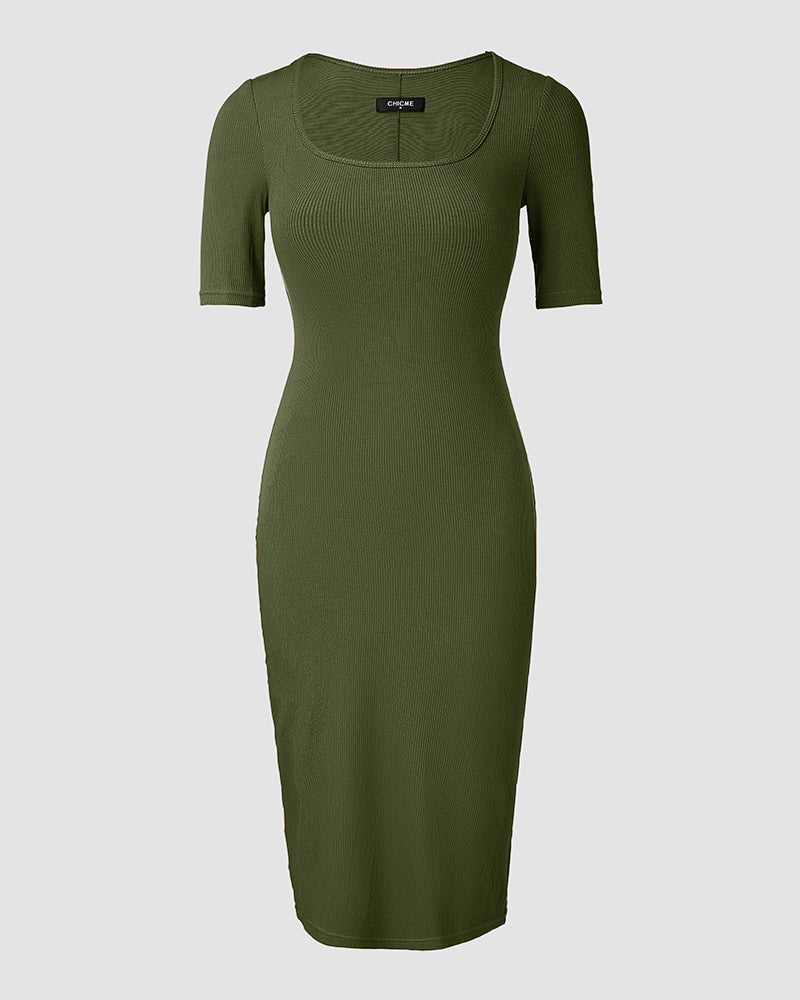 ChicMe Short Sleeve Bodycon Mid-Length Dress Square Neck Slim Fit Dress