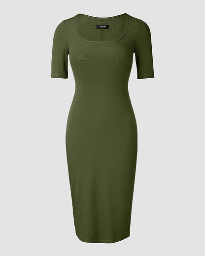 ChicMe Short Sleeve Bodycon Mid-Length Dress Square Neck Slim Fit Dress