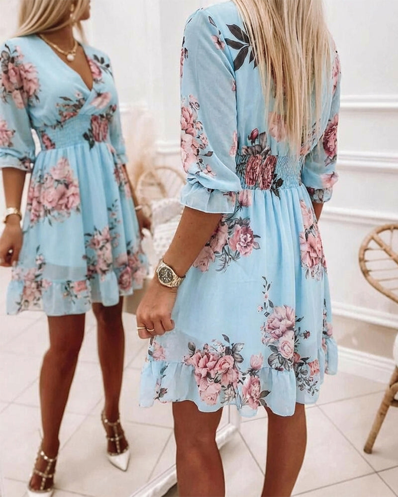 Floral Print Overlap V Neck Three Quarters Sleeve Shirred Waist Ruffle Hem Dress Casual Cinched Waist Flared Cuffs Chiffon Vacation Dress with Lining