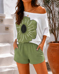 Women's 2 Piece Lounge Set Floral Print Boat Neck Top and Shorts Casual Pajamas Set
