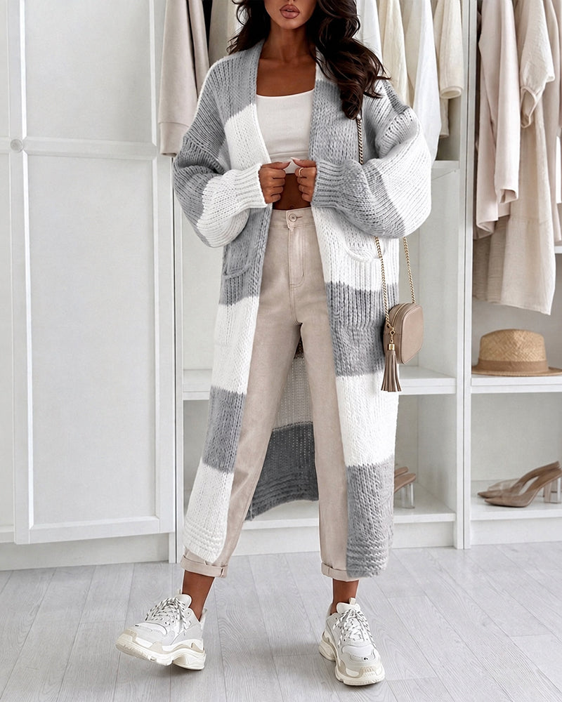 Women's Checkerboard Knit Cardigan Oversized Long Chunky Sweater Loose Lantern Sleeve Coat with Pockets