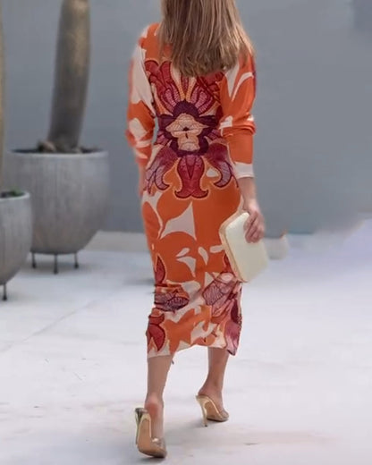 Vintage Baroque Deep V Neck Long Sleeve Slit Bodycon Dress Casual Ruched Slim Fit Vacation Dress