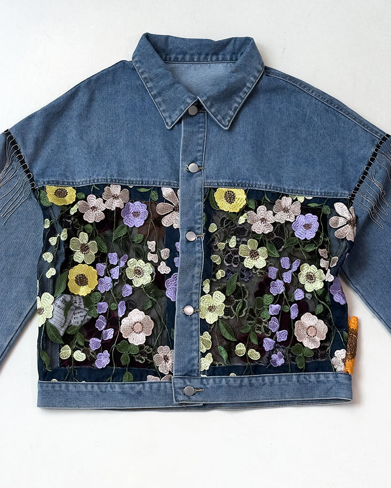 Colorblock 3D Flower Lace Embroidery Patch Denim Coat Casual Turn-down Collar Jacket
