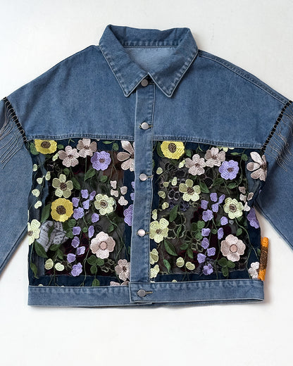 Colorblock 3D Flower Lace Embroidery Patch Denim Coat Casual Turn-down Collar Jacket