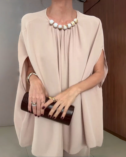 2 Pieces Outfit Elegant Pearl Embellished Split Sleeve Top and Casual Wide Leg Pants Set