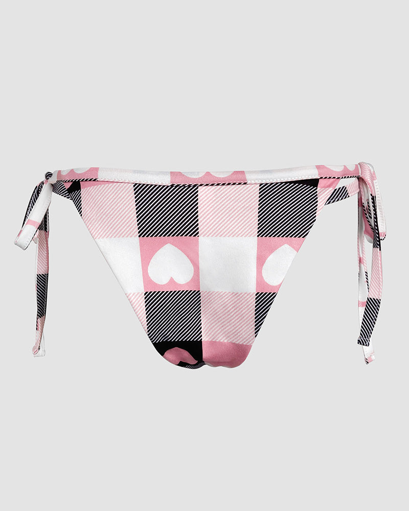 Bowknot Decor Heart & Plaid Print V Neck Adjustable Spaghetti Straps Nightgown Sexy Slim Fit Asymmetrical Hem Night Dress with Matching Panties