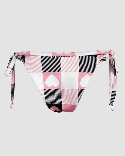 Bowknot Decor Heart & Plaid Print V Neck Adjustable Spaghetti Straps Nightgown Sexy Slim Fit Asymmetrical Hem Night Dress with Matching Panties