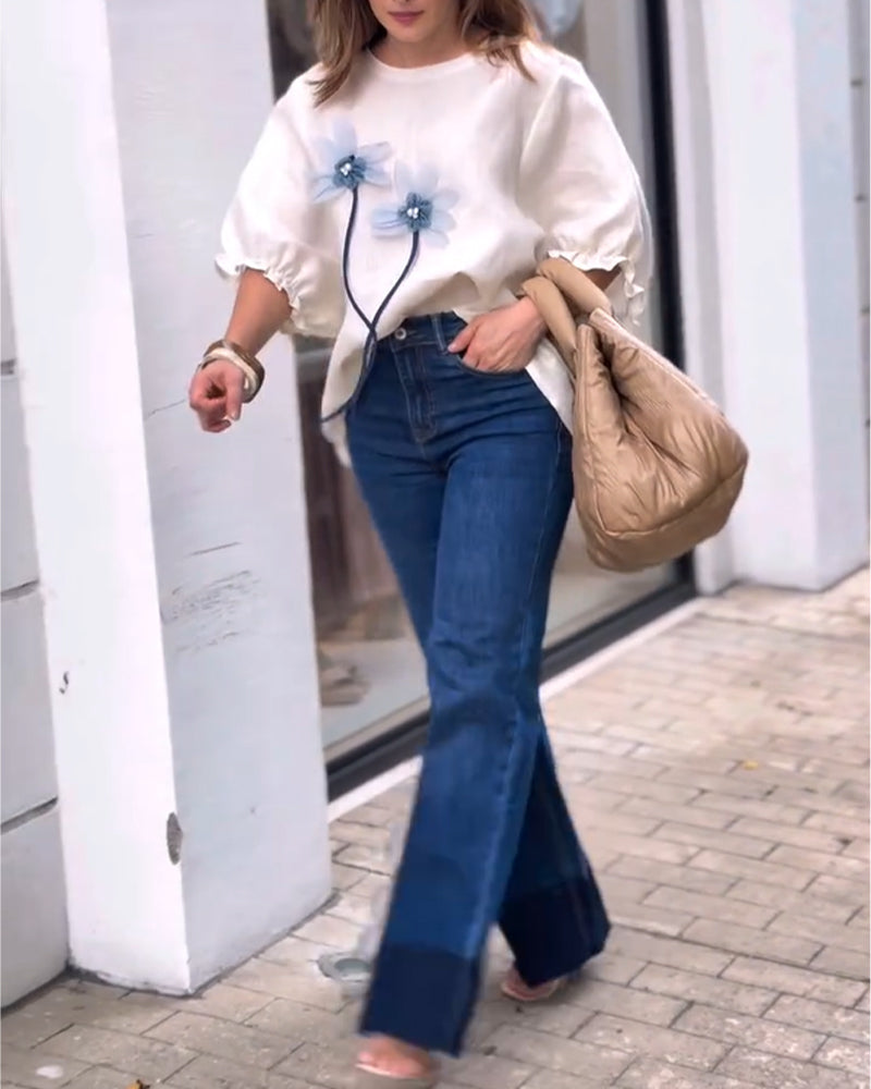 Pearls & Rhinestone Decor 3D Floral Appliques Frill Hem Cuffs Linen Tee Casual Loose Fit Top