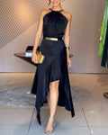 Women's Halter Neck Satin Dress Sleeveless Ruched Cocktail Dress Elegant Asymmetrical Hem Party Gown