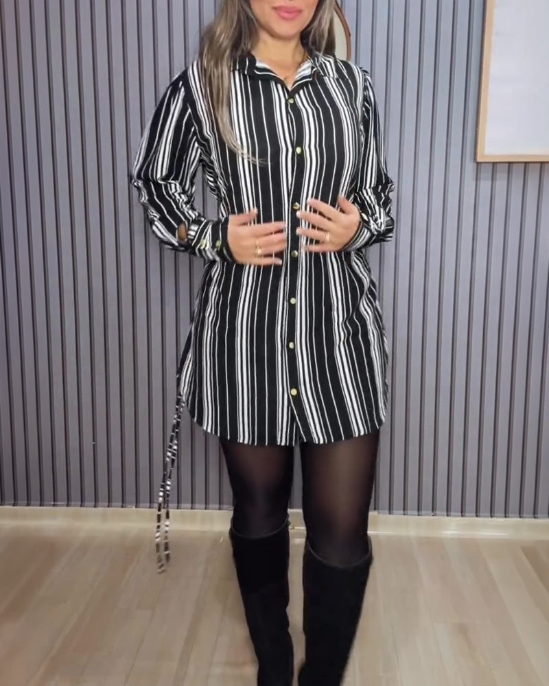 Women's Striped Shirt Dress Button Down Long Sleeve Shirred Waist Casual Dress