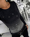 Women's Rhinestone Long Sleeve Top Slim Fit Round Neck Casual Pullover