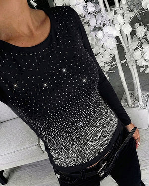 Women's Rhinestone Long Sleeve Top Slim Fit Round Neck Casual Pullover