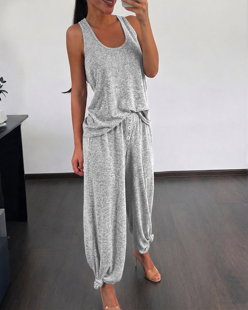 Conjunto informal de descanso de 2 piezas para mujer, con top de tirantes y cuello en U, y pantalones de pierna recta