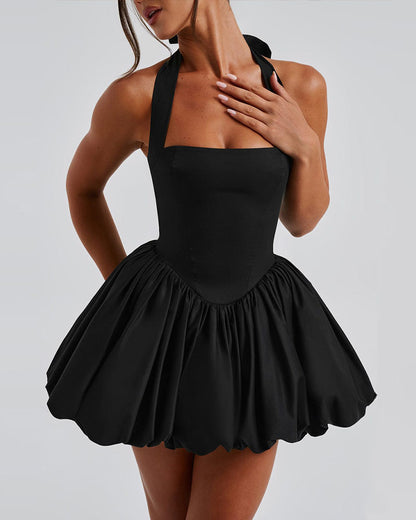 Halter Sleeveless Lace-up Bowknot Backless A Line Dress Sexy Mini Dress