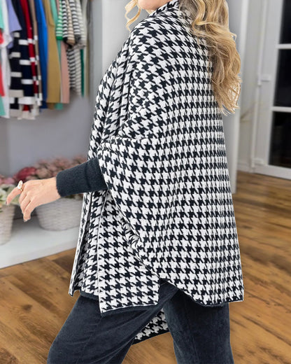 Houndstooth Print Versatile Loose Fit Sweater Coat Casual Warm Cape Shawl