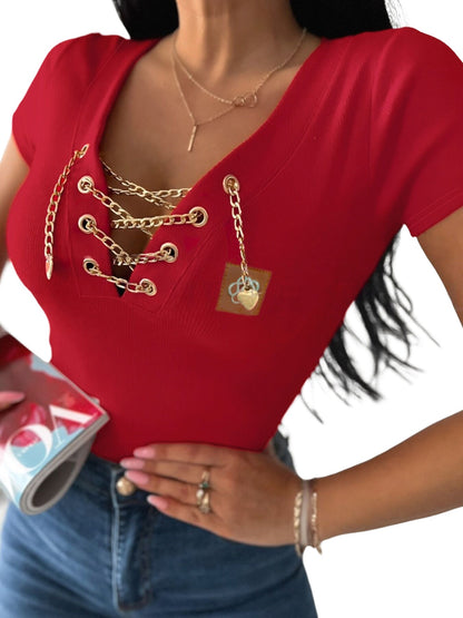 Chain Decor Lace Up V Neck Short Sleeve T-Shirt Casual Rhinestone Patch Slim Fit Top