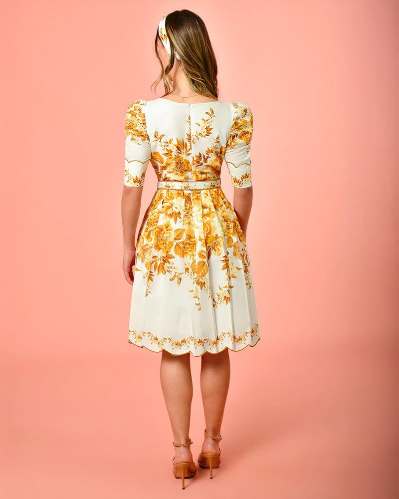 Floral Print Square Neck Puff Sleeve Pleated Front Dress Heart Button Decor Shirred Back Cinched Waist Vacation Dress with Belt