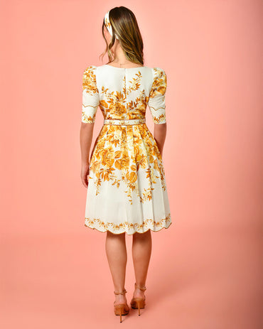 Floral Print Square Neck Puff Sleeve Pleated Front Dress Heart Button Decor Shirred Back Cinched Waist Vacation Dress with Belt