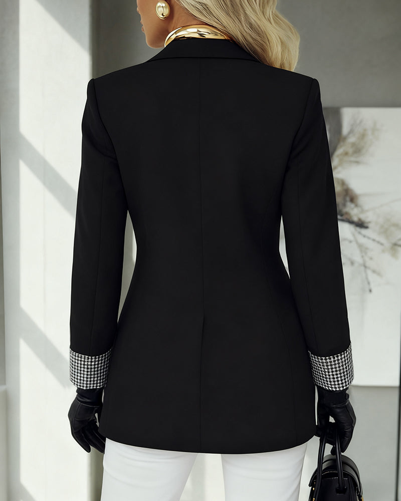 Notched Collar Golden Double Breasted Colorblock Plaid Print Cuffs Blazer Casual Pockets Design Commuting Coat